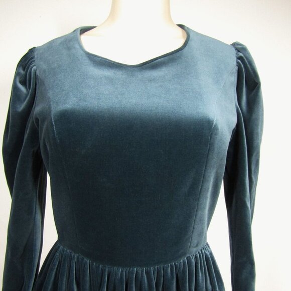 VTG LAURA ASHLEY S M Velour Velvet Whimsigoth Goth Witchy Midi Maxi Teal Dress - Picture 2 of 11
